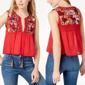NWT Free People Lohri Embroidered Top in Red, L